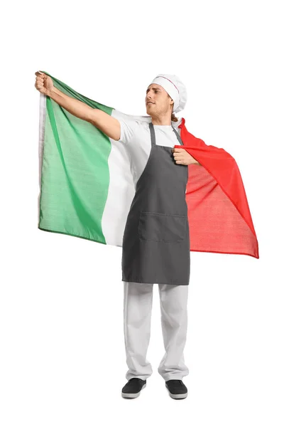 Beau Chef Avec Drapeau Italie Sur Fond Blanc — Photo