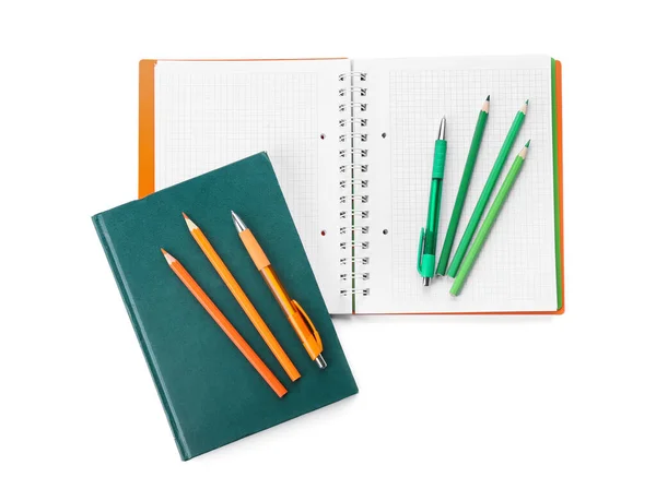 Nyitott Notebook Különböző Tollak Ceruzák Fehér Alapon — Stock Fotó
