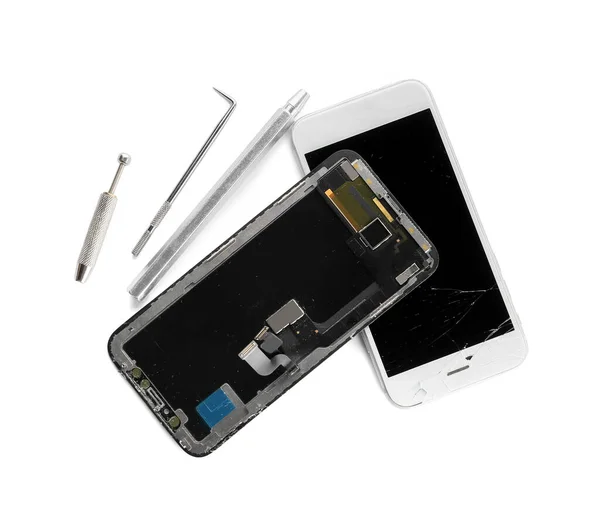 Display Module Mobile Phone Broken Screen Technician Tools White Background — Stock Photo, Image