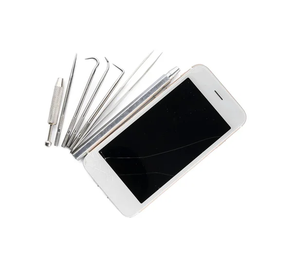 Mobile Phone Broken Screen Technician Tools White Background — Stock Photo, Image