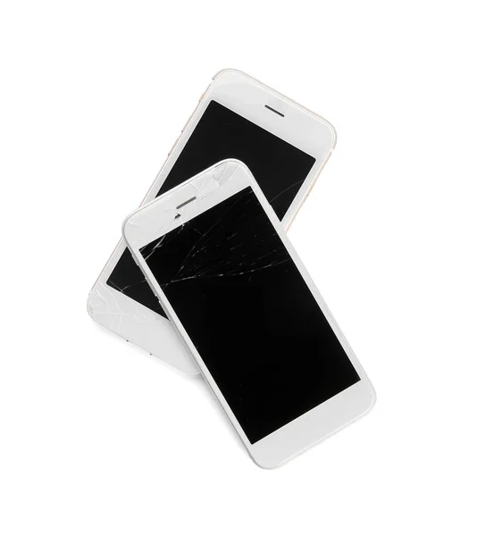 Teléfonos Móviles Con Pantallas Rotas Sobre Fondo Blanco — Foto de Stock