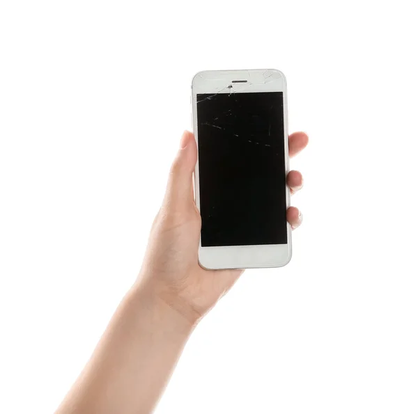 Жінка Тримає Мобільний Телефон Розбитим Екраном Білому Тлі Крупним Планом — стокове фото