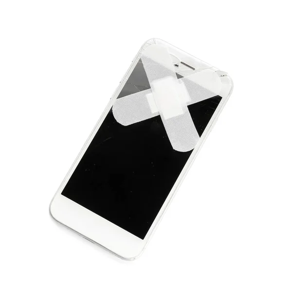 Mobile Phone Broken Screen Medical Plasters White Background — Stock Photo, Image