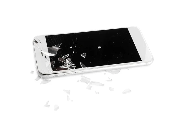 Mobile Phone Broken Screen Pieces Glass White Background — Stock Photo, Image