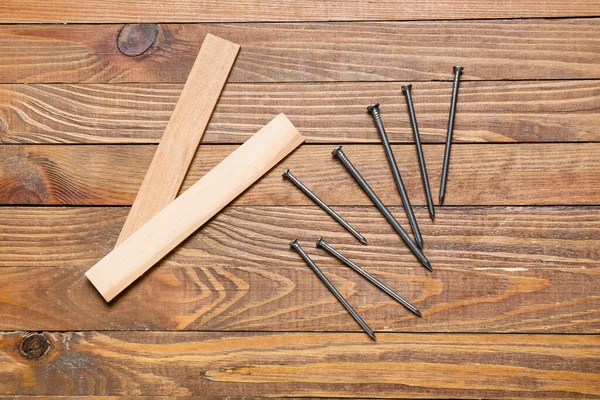 Rulers Nails Furniture Assembling Wooden Background — Stock Photo, Image