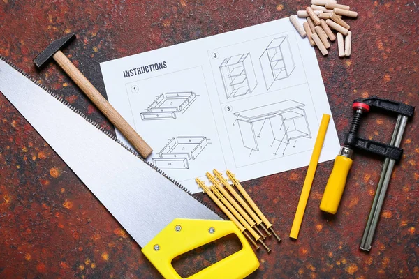 Instruções Montagem Móveis Diferentes Ferramentas Sobre Fundo Cor — Fotografia de Stock
