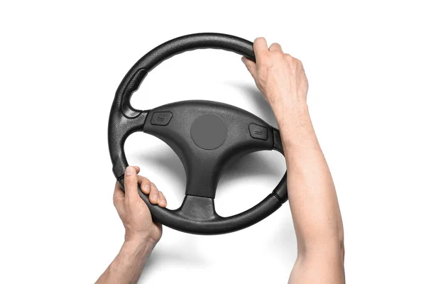 Male Hands Steering Wheel White Background — Stock Photo, Image