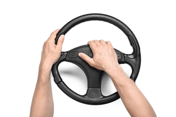 Man Holding Steering Wheel Pushing Car Horn White Background — Stock Photo, Image