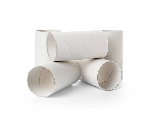 Stapel Lege Kartonnen Buizen Voor Toiletpapier Witte Achtergrond — Stockfoto