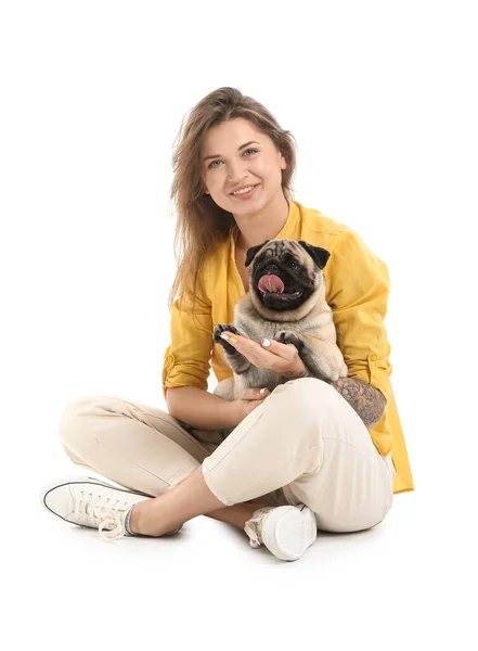 Young Woman Cute Pug Dog White Background — Stock Photo, Image