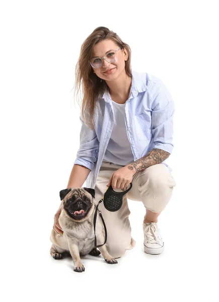 Young Woman Leash Cute Pug Dog White Background — Stock Photo, Image