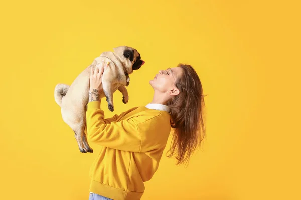 Young Woman Cute Pug Dog Yellow Background — Stock Photo, Image