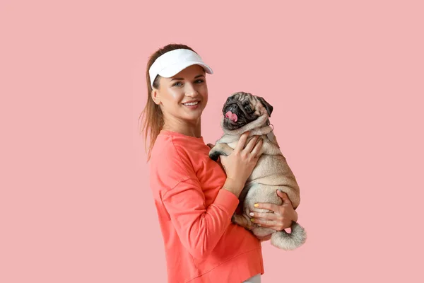 Young Woman Holding Cute Pug Dog Pink Background — Stock Photo, Image