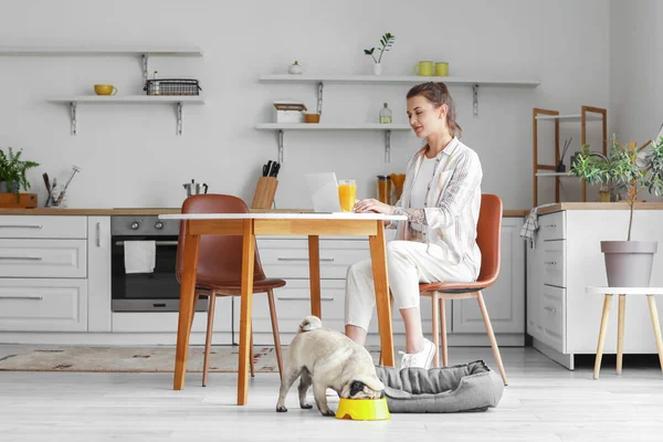 Mujer Joven Con Perro Lindo Pug Utilizando Ordenador Portátil Cocina — Foto de Stock