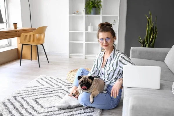 Young Woman Cute Pug Dog Sitting Floor Home — Stock Photo, Image
