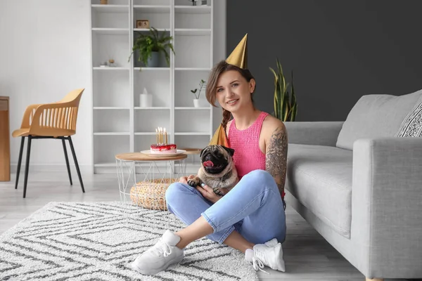 Young Woman Celebrating Her Dog Birthday Home — Stock Photo, Image