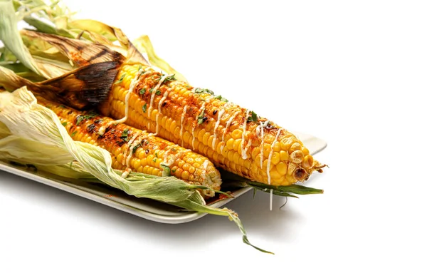 Plate Delicious Elote Mexican Street Corn White Background Closeup — Stock Photo, Image