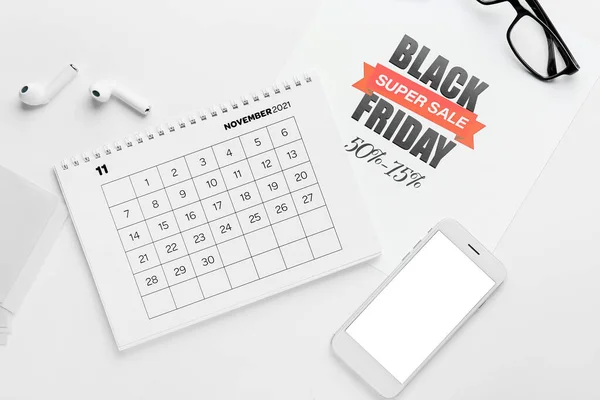 Calendar Page November 2022 Mobile Phone White Background Black Friday — Stock Photo, Image