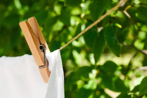 Towel Clothespin Hanging Laundry Line Outdoors Closeup — Stock Photo, Image