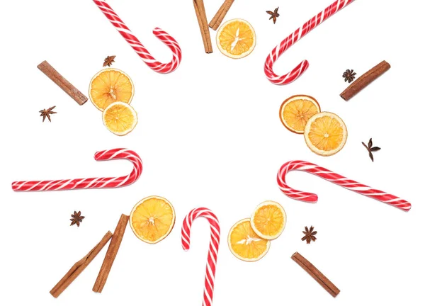 Frame Made Candy Canes Dried Oranges White Background — Stock Photo, Image