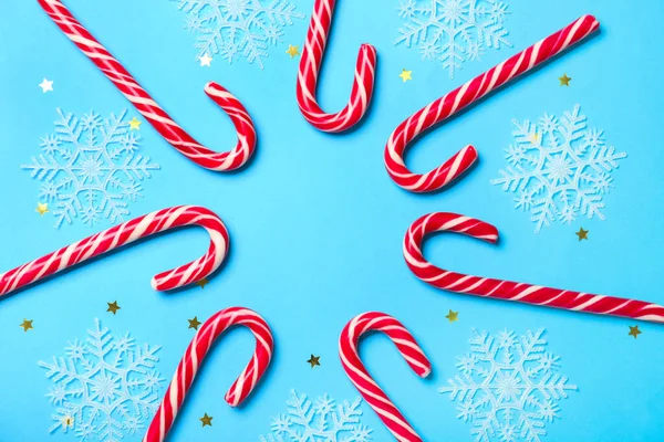 Frame Made Candy Canes Snowflakes Blue Background — Stock Photo, Image