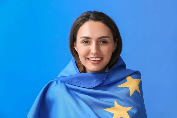 Jeune Femme Avec Drapeau Union Européenne Sur Fond Couleur — Photo