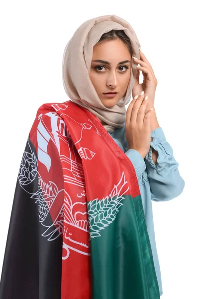 Muselman Kvinna Med Flagga Afghanistan Vit Bakgrund — Stockfoto
