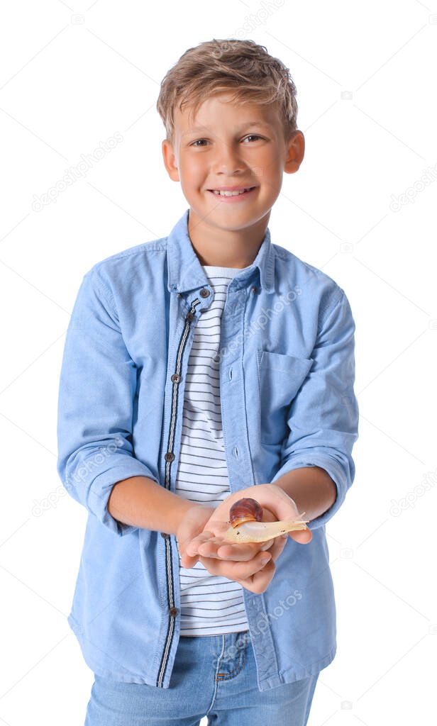 Little boy with achatina snail on white background