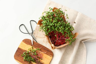 Beyaz arka planda taze mikro yeşil ve makaslı kompozisyon, yakın plan