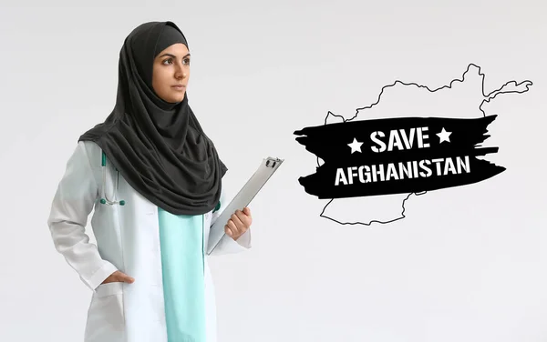 Női Muszlim Orvos Világos Háttérrel Szöveges Mentés Afghanistan — Stock Fotó