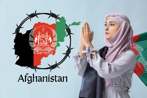 Προσευχή Μουσουλμάνα Γυναίκα Σημαία Του Αφγανιστάν Στο Φως Φόντο — Φωτογραφία Αρχείου