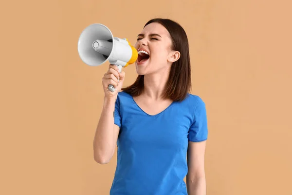 Protesting Young Woman Megaphone Color Background — Stock Photo, Image