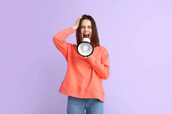 Protesting Young Woman Megaphone Color Background — Stock Photo, Image