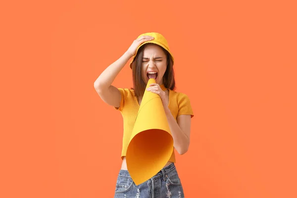 Protesting Young Woman Paper Megaphone Color Background — Stock Photo, Image