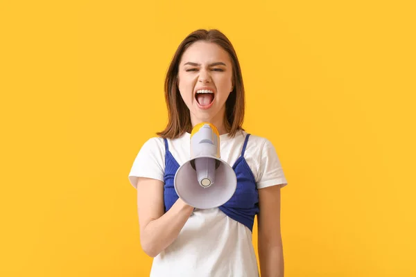 Protesting Young Woman Megaphone Color Background — Stock Photo, Image