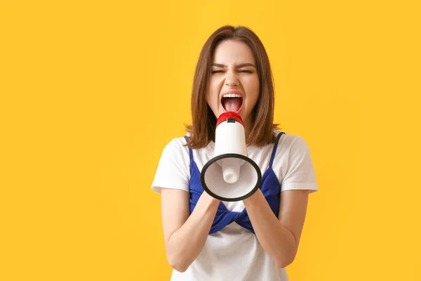 Protesting Young Woman Megaphone Color Background — Stock Photo, Image