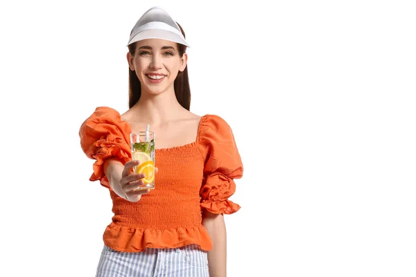 Piękna Młoda Kobieta Świeżą Lemoniadę Białym Tle — Zdjęcie stockowe