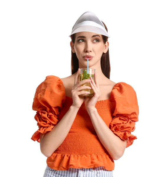 Beautiful Young Woman Fresh Lemonade White Background — Stock Photo, Image