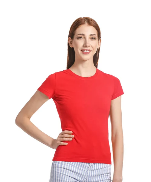 Young Woman Modern Shirt White Background — Stock Photo, Image