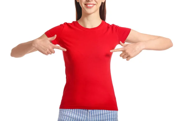 Junge Frau Modernen Shirt Auf Weißem Hintergrund — Stockfoto