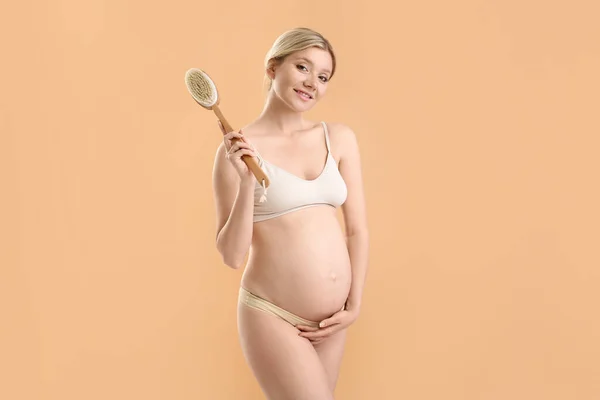 Beautiful Pregnant Young Woman Massage Brush Color Background — Stock Photo, Image