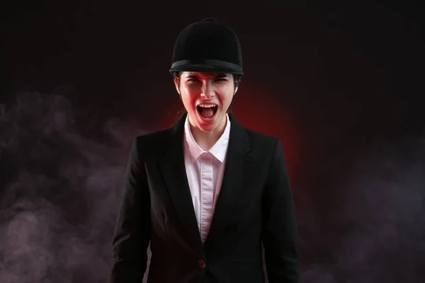 Screaming Female Jockey Dark Background — Stock Photo, Image