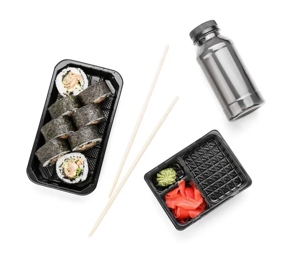 Samenstelling Met Set Van Lekkere Sushi Broodjes Witte Achtergrond — Stockfoto