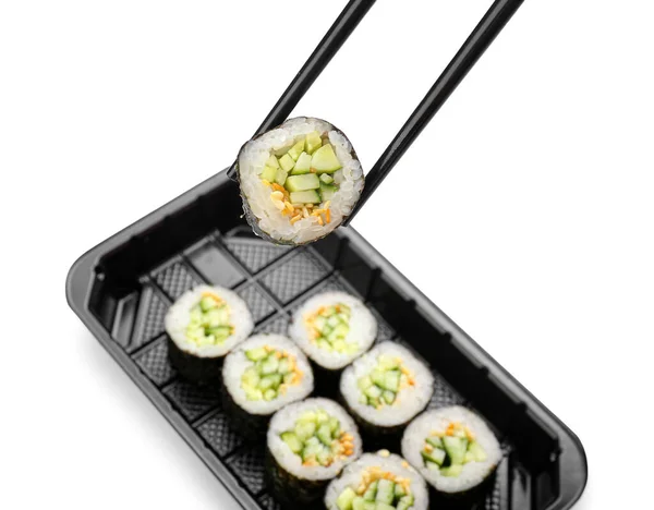 Set Van Heerlijke Sushi Broodjes Witte Achtergrond — Stockfoto