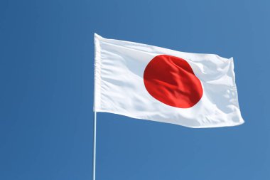 Açık havada Japon bayrağı sallıyor.