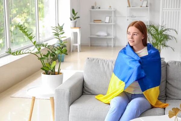 Young Woman Ukrainian Flag Home — Stock Photo, Image