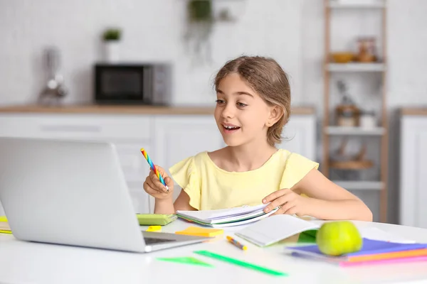 Little Girl Doing Lessons Online Home — Stock Photo, Image