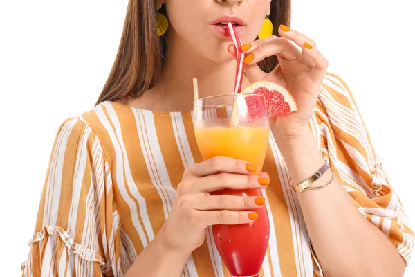 Beautiful Young Woman Cocktail White Background Closeup — Stock Photo, Image