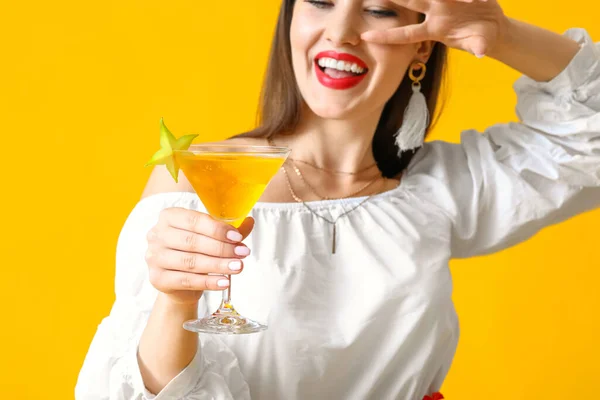 Beautiful Young Woman Cocktail Color Background — Stock Photo, Image