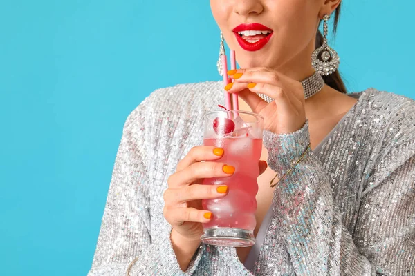 Beautiful Young Woman Cocktail Color Background — Stock Photo, Image